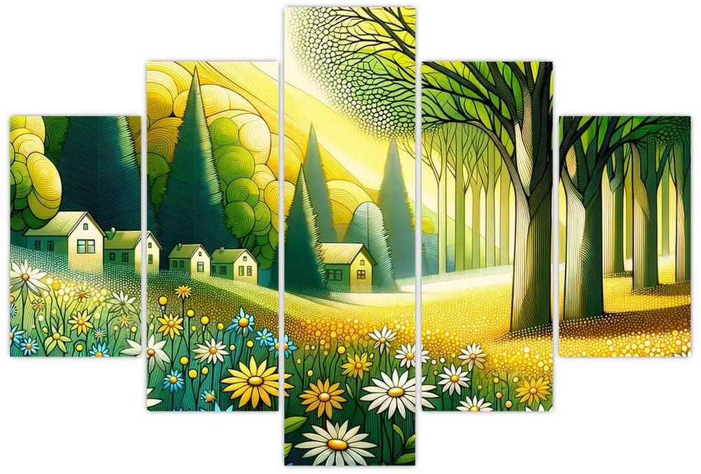 Kép - Falu sárga-zöld színekben (150x105 cm)