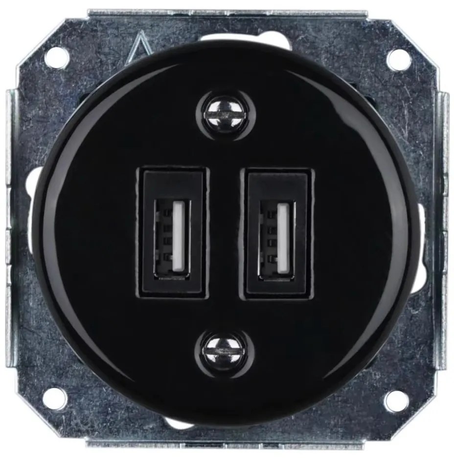 Bohemia-Design - Porcelán retro USB fali aljzat, keret nélküli kivitel, 2x USB-A, fekete