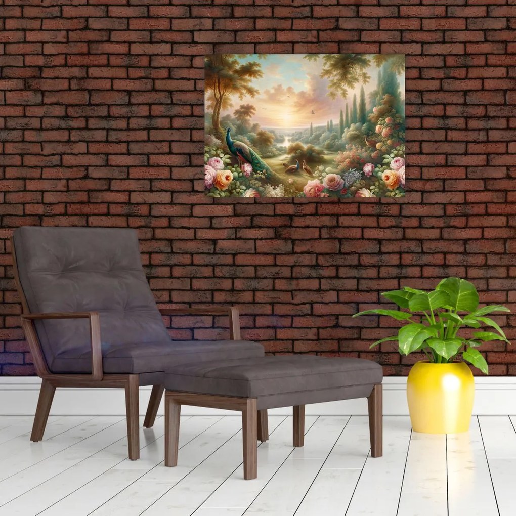 Üveg kép - Pávák a kertben (70x50 cm)