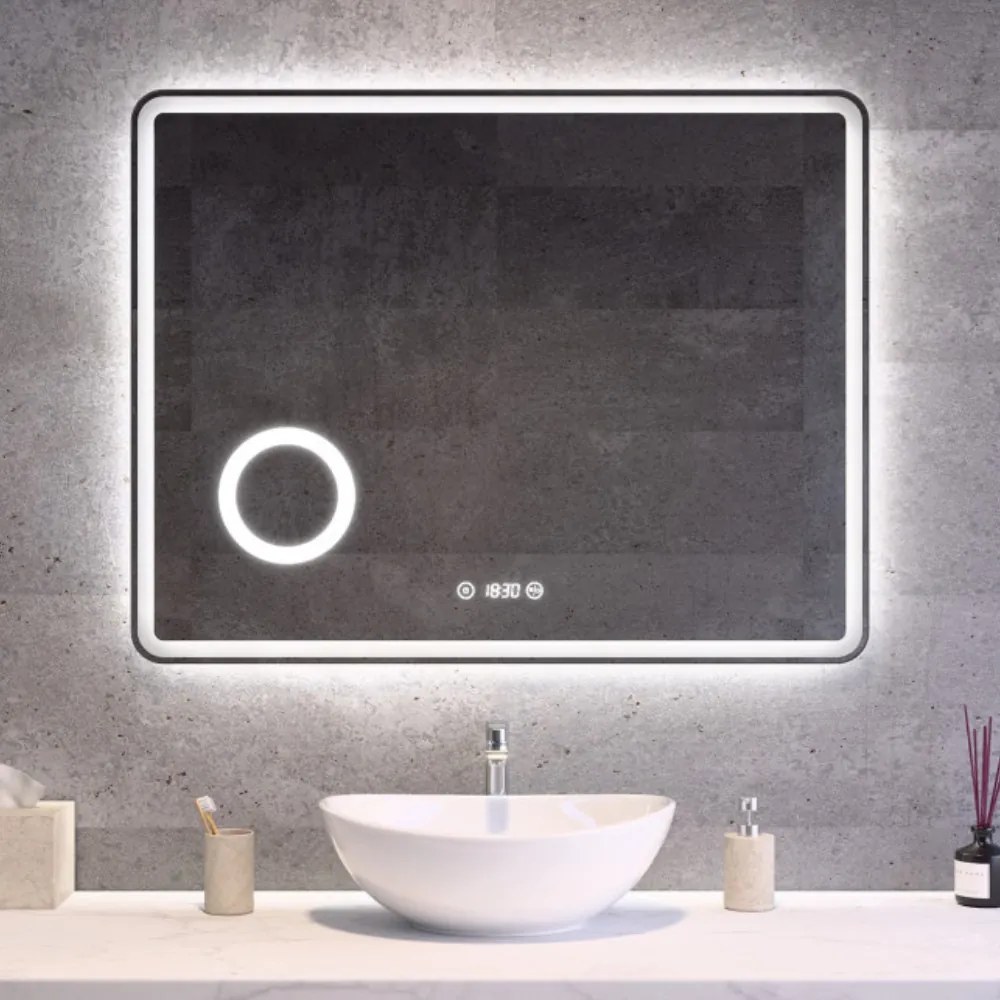 Fürdőszobai LED tükör 90x70cm | Páramentesítő - Kozmetikai tükör - Fényerő + színhőfok állítás - Digitális óra | Welland Luxury-Line G796