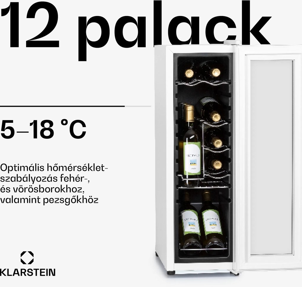 Klarstein Shiraz 12 Slim, borhűtő, 32 l, 12 palack, 85 W, 5–18°C, érintőképernyős kezelőpanel
