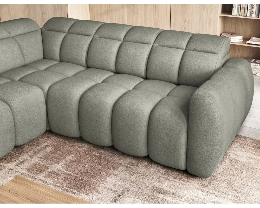 Szürkészöld buklé kinyitható-tárolóhelyes sarokkanapé (bal oldali-L alakú) Falconn – ELTAP