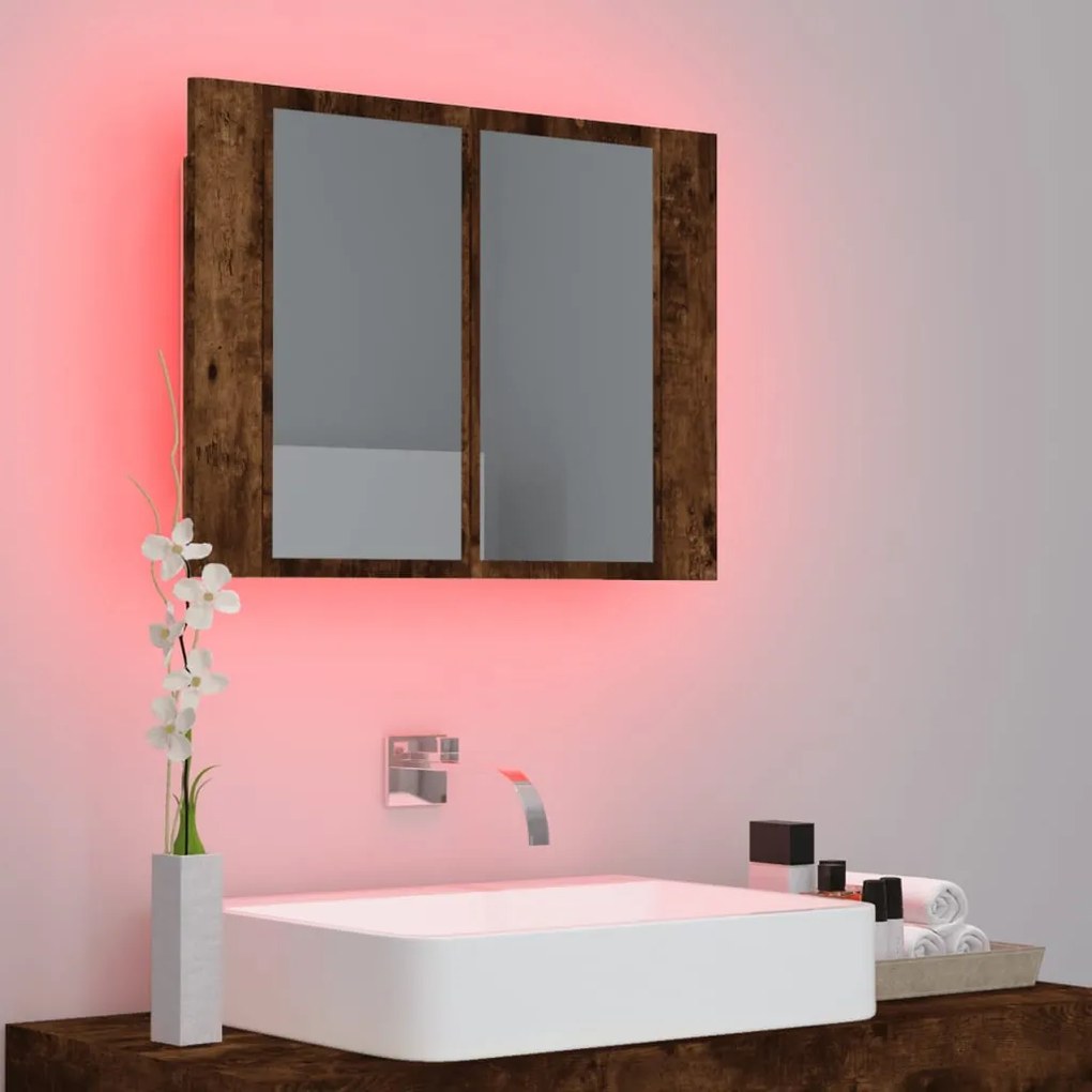 füstös tölgy szerelt fa tükörszekrény LED-del 80x20,5x64 cm