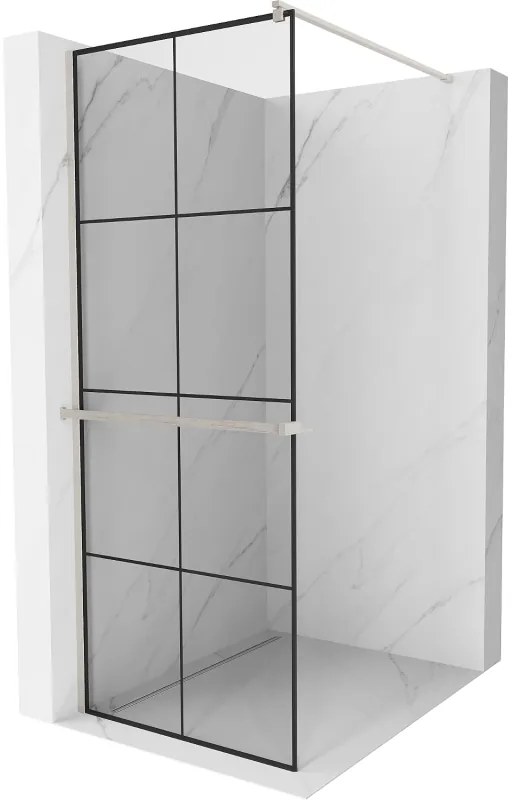 Mexen Kioto+, Walk-In zuhanyparaván polccal és akasztóval 90 x 200 cm, 8 mm átlátszó üveg fekete mintás, csiszolt acél profil, 800-090-121-97-77
