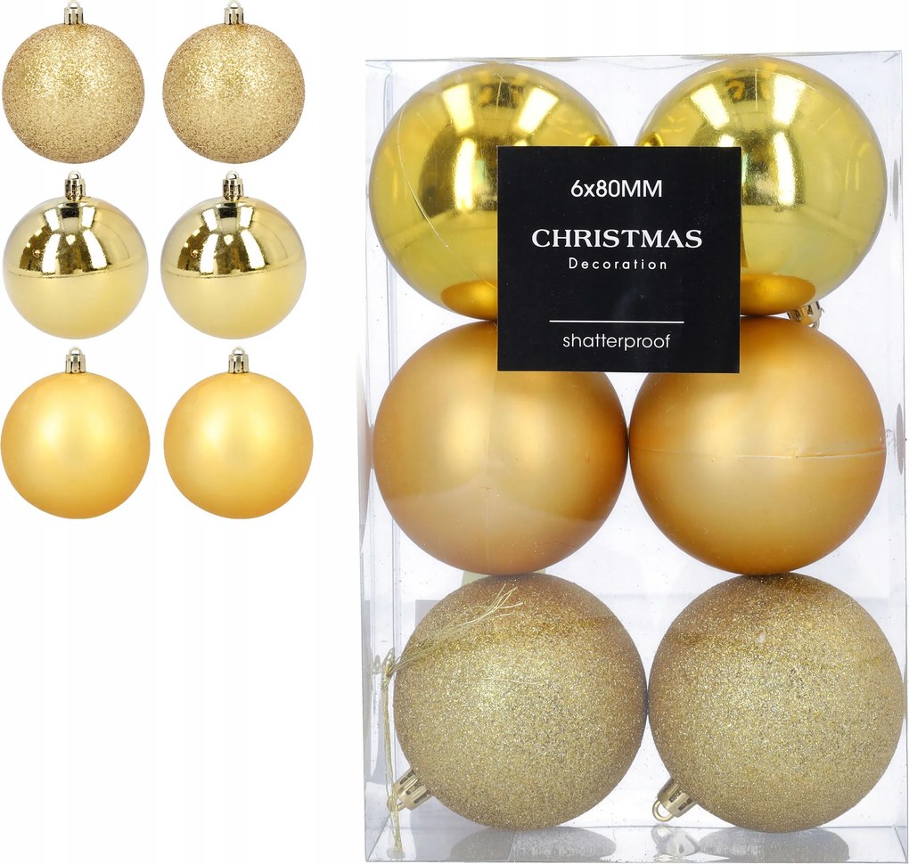 Karácsonyfa Bombák nagy 8 cm 6 db-os arany matt fényes csillámos szett