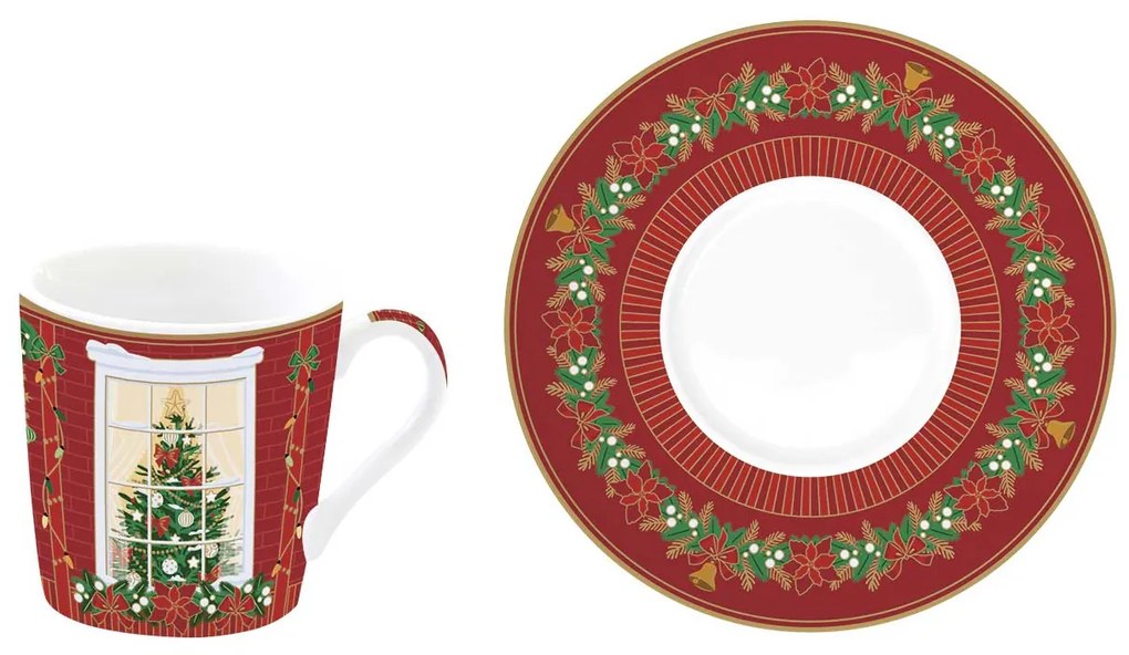Karácsonyi porcelán eszpresszó kávés csésze + alj 100 ml 6 személyes díszdobozban Festive Avenue