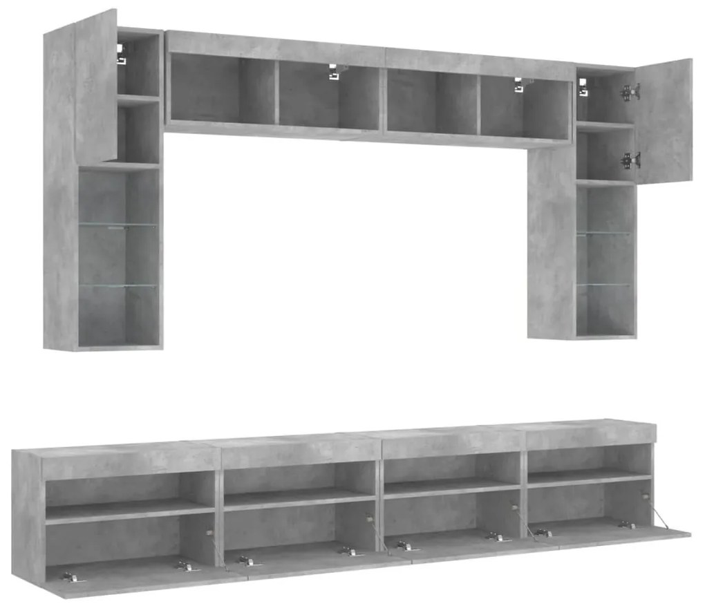 8 darabos betonszürke fali TV-szekrény szett LED-del