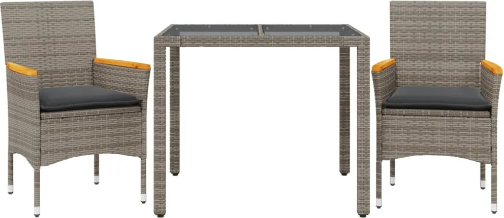 vidaXL 3 részes szürke polyrattan/üveg kerti étkezőgarnitúra párnával