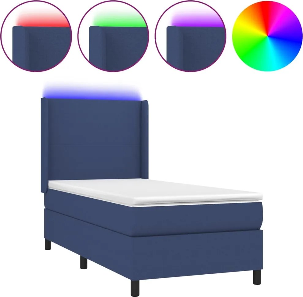 vidaXL kék szövet rugós és LED-es ágy matraccal 100x200 cm