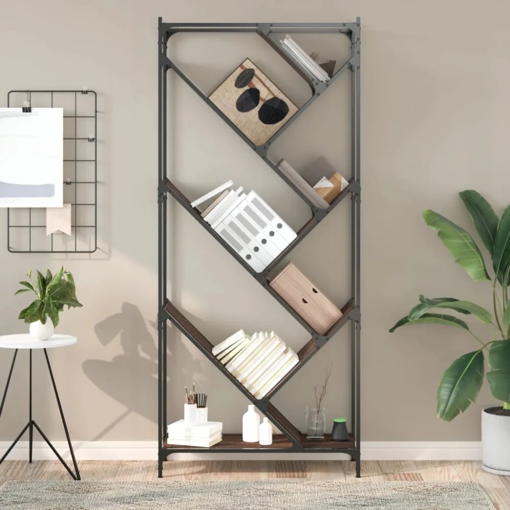 barna tölgy színű szerelt fa és fém könyvszekrény 79x30x180 cm