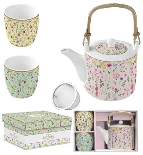 Virágos porcelán teáskanna szűrővel és pohárral szett Coffee Mania Meadow Flowers