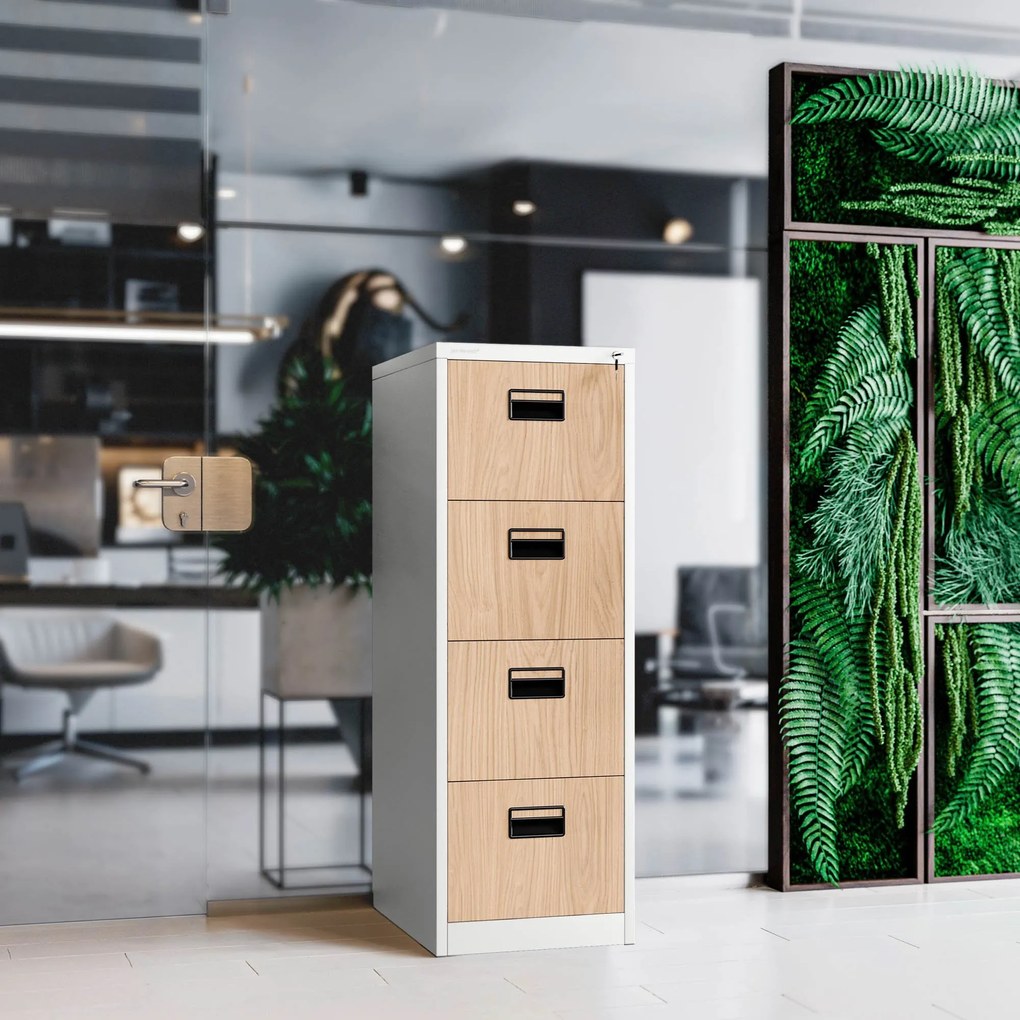 Fém irattartó szekrény, 4 fiókos SARA V4, 460 x 1320 x 620 mm, Eco Design: fehér/ sonoma tölgy