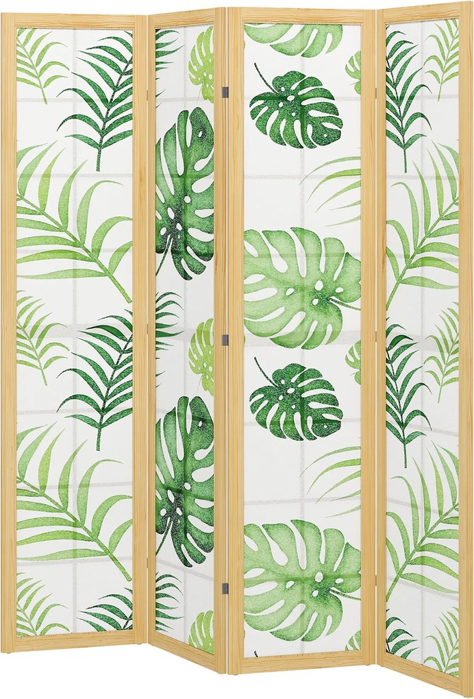 HOMCOM 4 paneles összecsukható paraván, 160 × 1,8 × 170 cm — pálmaleveles mintájú fenyőkeretes álló válaszfal (natúr & zöld) | Aosom