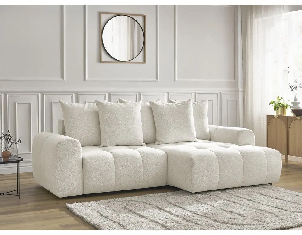 Fehér zsenília kinyitható-tárolóhelyes sarokkanapé (jobb oldali-heverő résszel) Roxelane – Bobochic Paris