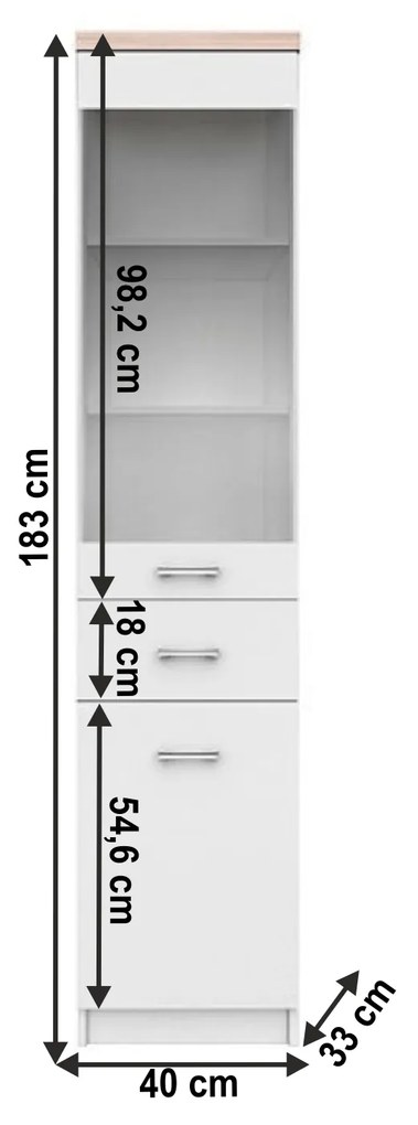 Vitrines szekrény 1D1W1S, fehér/tölgy sonoma, univerzális, TOPTY TYP 03