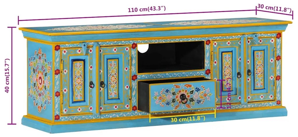 kék tömör mangófa TV-szekrény 110 x 30 x 40 cm