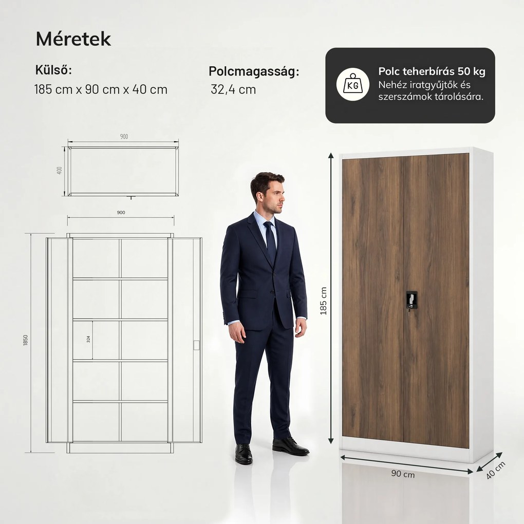 Irodai iratszekrény fehér / dió: Eco Design JAN 900 x 1850 x 400 mm