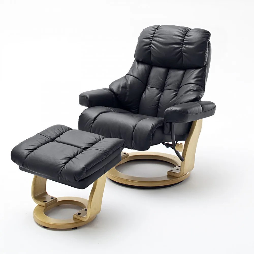 CALGARY Comfort XXL Fekete bőr relax fotel lábtartóval natúr lábbal