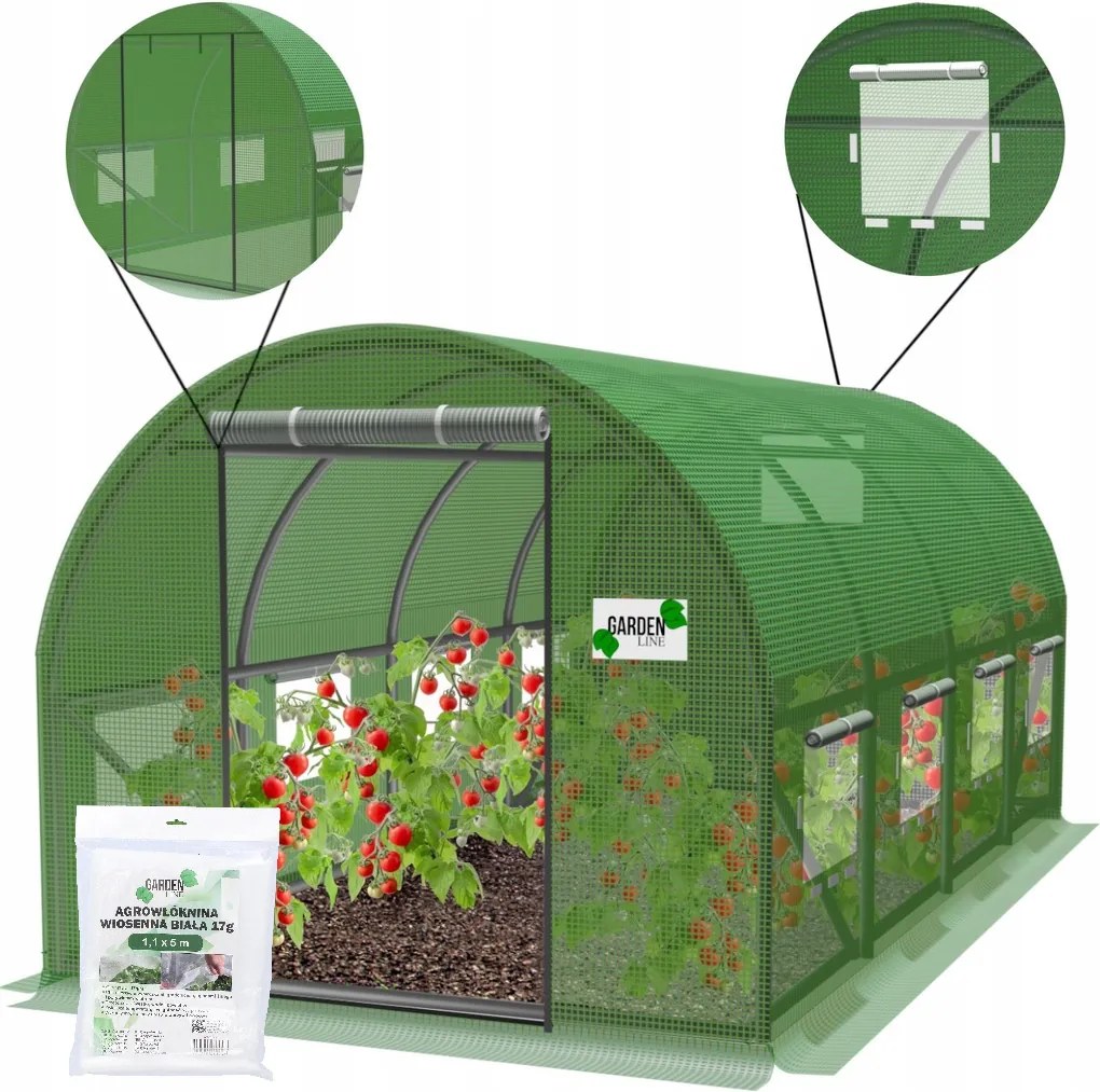 Kerti Alagút Fólia Üvegház 4 x2,5 x 2M 10m2 4 Szekcionált Zöld