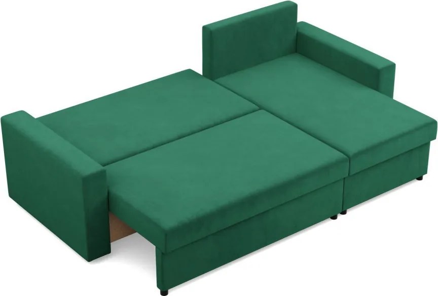 Zeus sarokkanapé, 2 ágyneműtartóval, egyenes kartámasz, bársony, univerzális oldal, bonell töltet, zöld