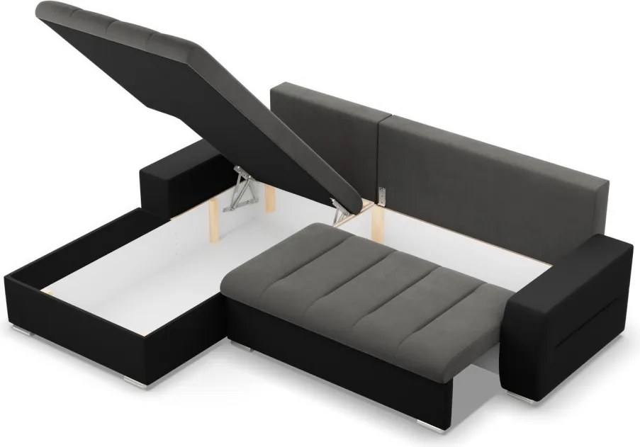 Toronto sarokkanapé, 2 ágyneműtartóval, bársony + műbőr, baloldali, szürke - fekete