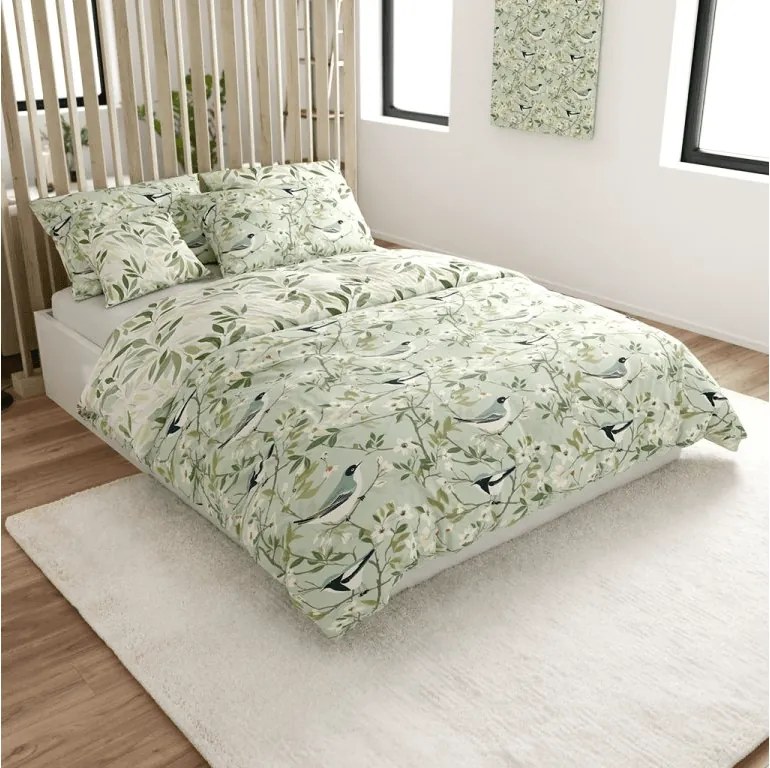 Pamut ágynemű FLORIBIRD POLY zöld Ágyneműhuzat mérete: 2 db 70 x 90 cm | 200 x 220 cm