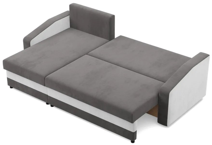 Hewlet sarokkanapé, 1 ágyneműtartóval, szövet anyag, univerzális oldal, bonell töltet, szürke - fehér