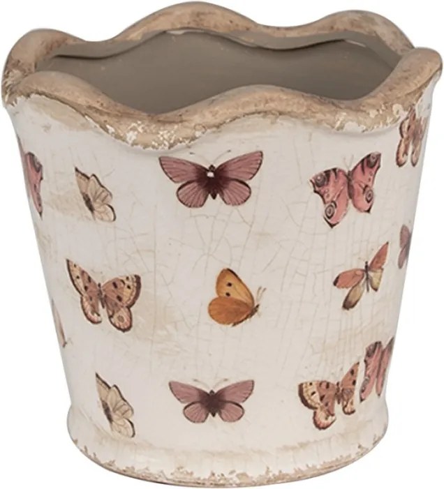 Bézs kerámia virágtartó fedél színes Helga pillangókkal és hullámos
