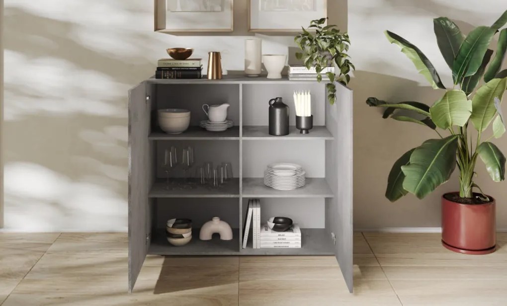 SNAKE kétajtós komód, betonhatású testtel és szürke, díszített mintázatú előlapokkal