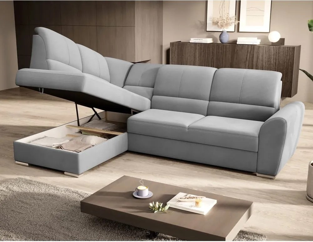 Szürke bársony kinyitható-tárolóhelyes sarokkanapé (bal oldali-L alakú) Siber – ELTAP