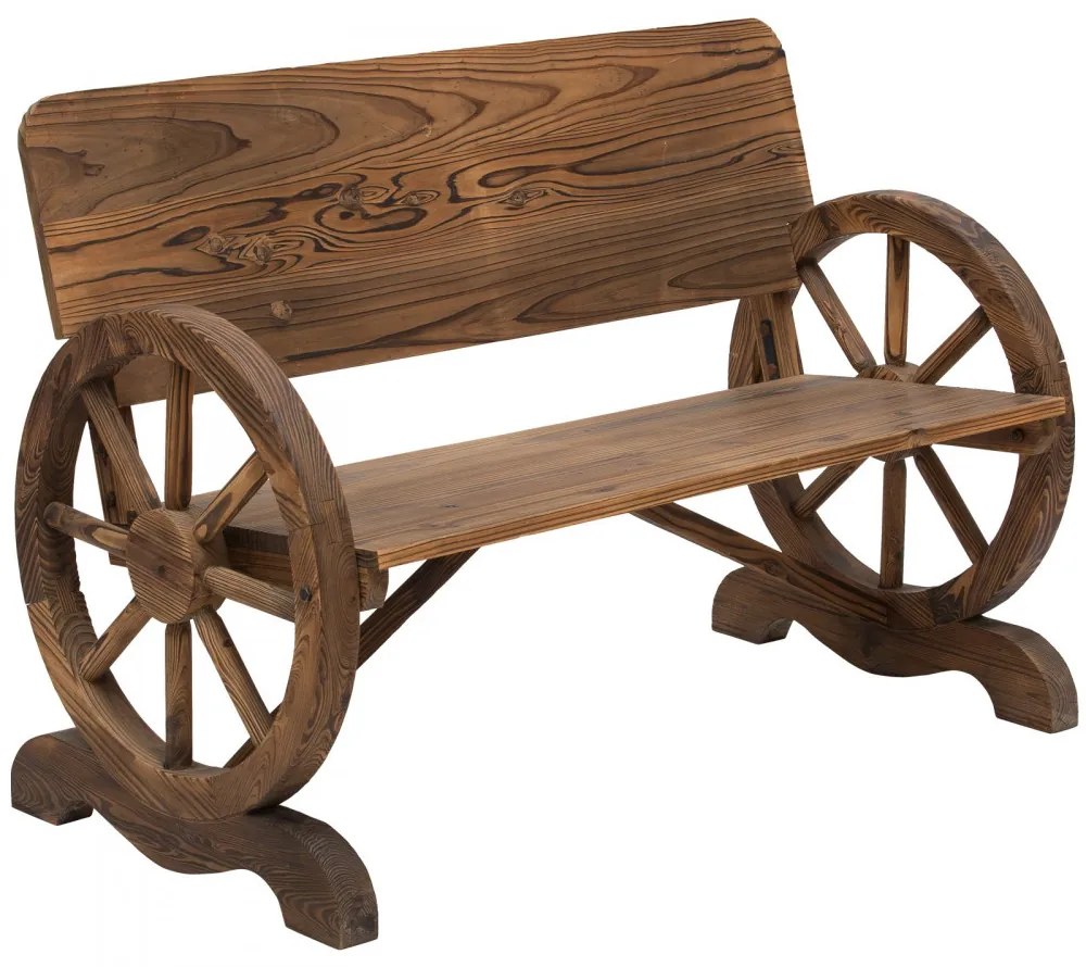 Kerti pad kocsikerék karfákkal, rusztikus pad, tömör fa, barna, 114 x 58 x 80 cm
