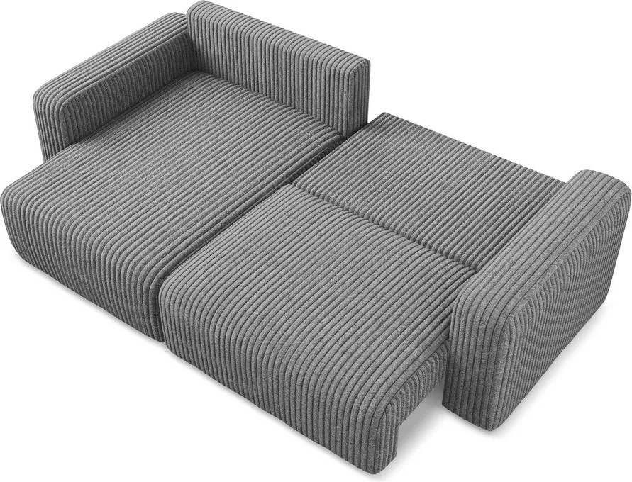 Szürke kordbársony kinyitható-tárolóhelyes sarokkanapé (bal oldali-heverő résszel) Kona – Makamii
