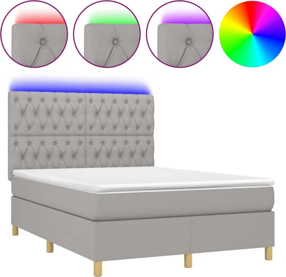 vidaXL világosszürke szövet rugós és LED-es ágy matraccal 140x200 cm