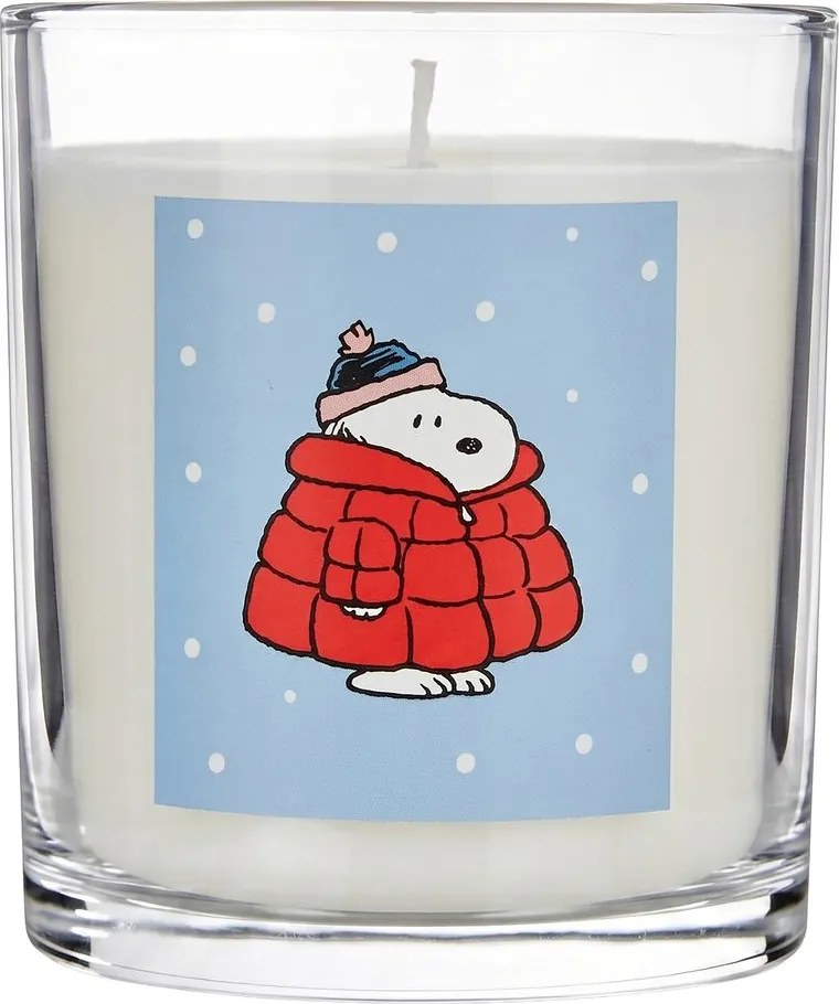 PEANUTS gyertya üvegben 9cm , Snoopy kabátban
