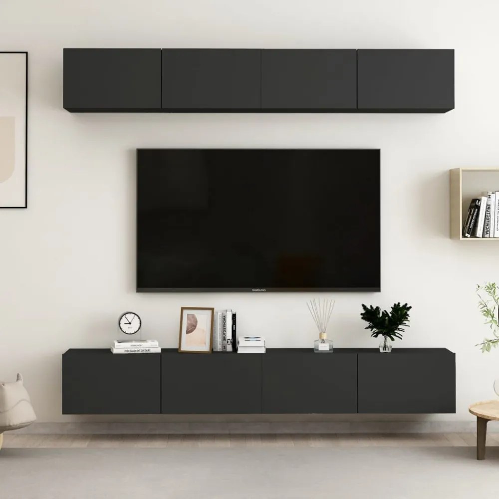 4 db fekete szerelt fa TV-szekrény 100 x 30 x 30 cm