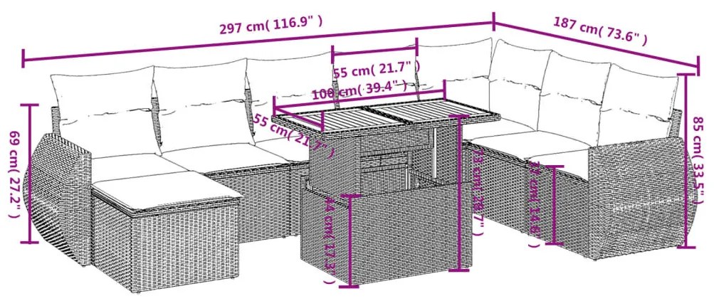 9 részes fekete polyrattan kerti ülőgarnitúra párnákkal