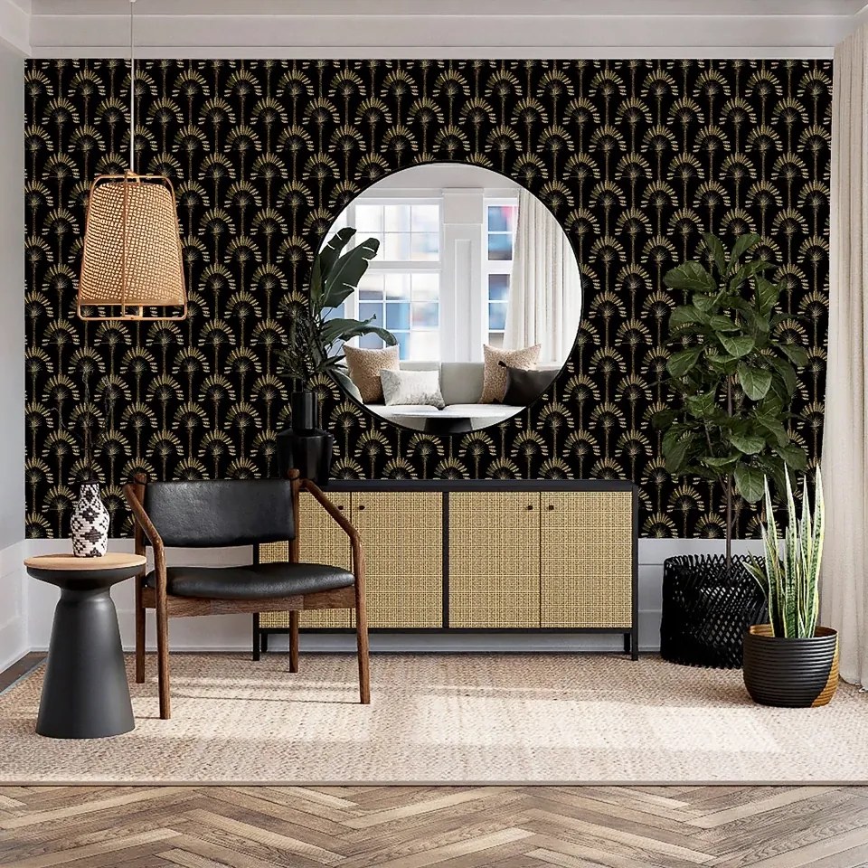 Arthouse Signature 2 Palm Palace arany-fekete pálmafás vlies tapéta – 921702