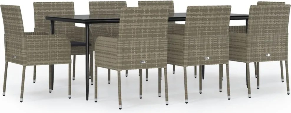 vidaXL 9 részes fekete és szürke polyrattan kerti étkezőszett párnával
