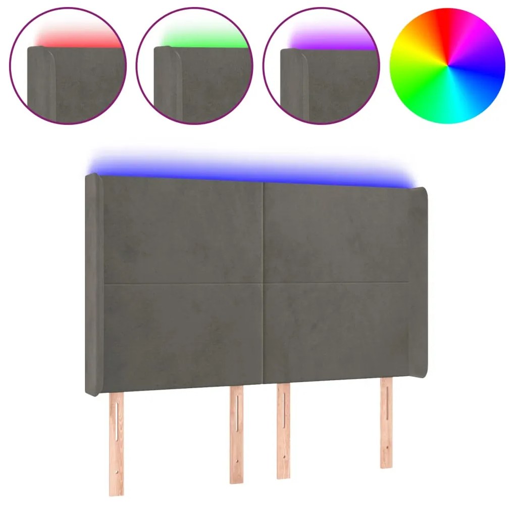 sötétszürke bársony LED-es fejtámla 147x16x118/128 cm