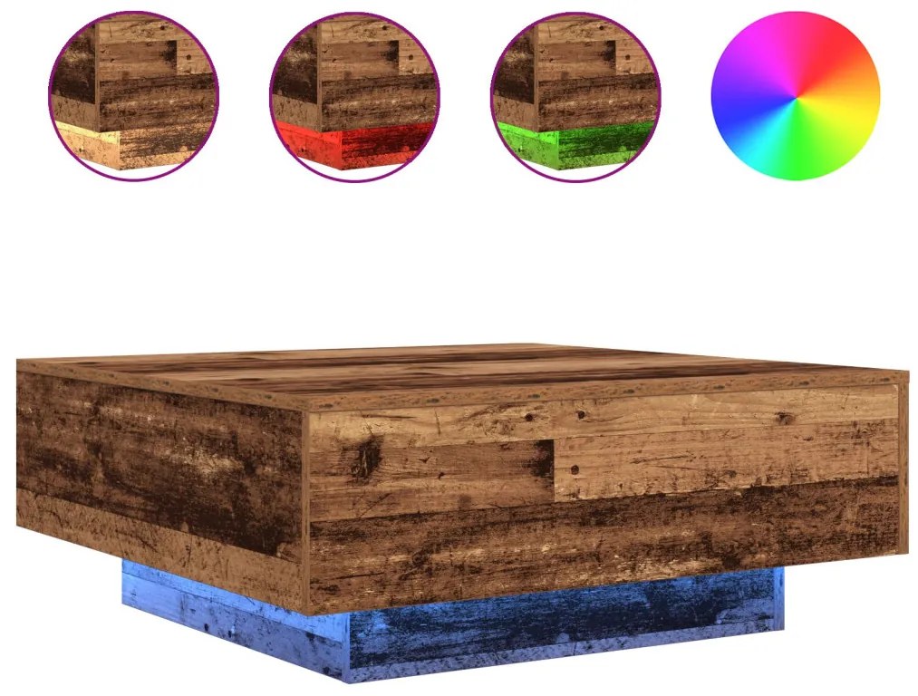 Kávézóasztal LED világítással Régi fa 80x80x31 cm