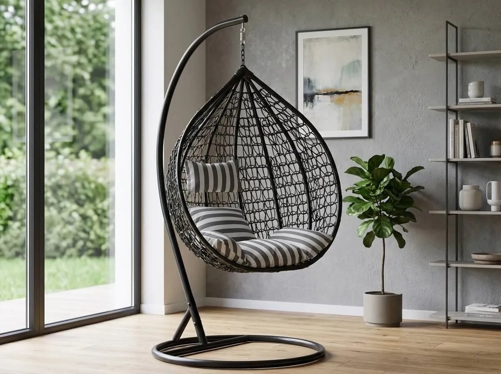 Fekete függőszék KOKON állvánnyal, fehér-szürke párna