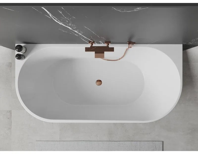 Mexen Oval, szabadon álló falra szerelhető kád 160 x 80 cm, fehér-fekete, rózsaszín arany túlfolyó, 52671608075-60