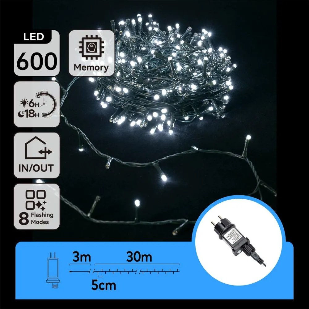 Aigostar - LED kültéri karácsonyi fényfüzér 600xLED/8 funkció 33m IP44 hideg fehér