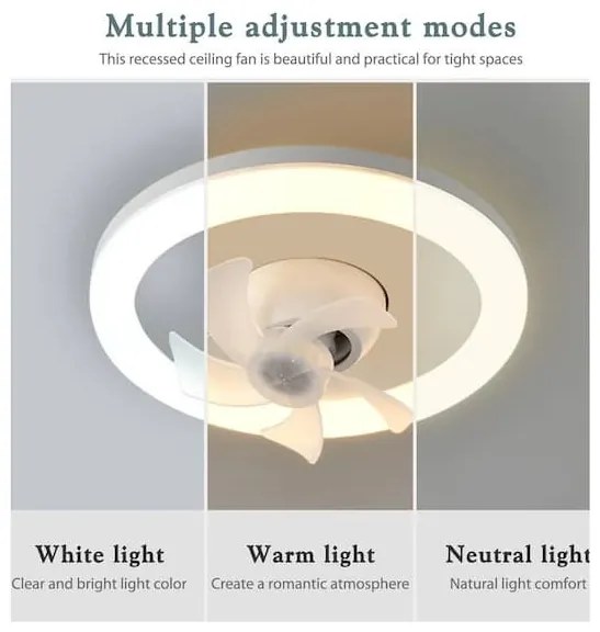 E27 mennyezeti ventilátor LED lámpával, WALALLA, dugaszolható ventilátor, távirányítóval, 360°-ban forgatható LED, 3 színhőmérséklet, 85-265V, 48W, Fehér