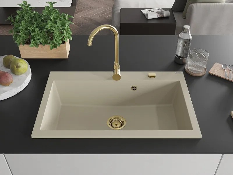 Mexen Elix gránit mosogató 1-medencés 800 x 500 mm, bézs, arany szifon - 6527801005-69-G