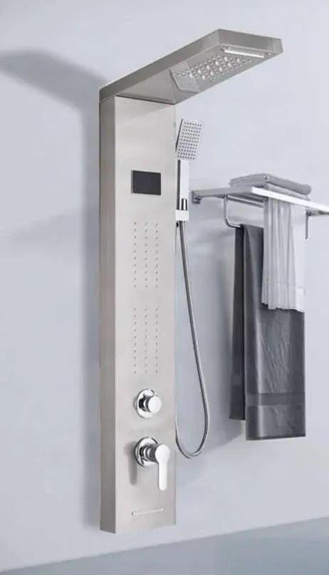 Zuhanyrendszer EYN BSP1912 LED-világítással, vízeséskifolyóval és masszázsfúvókákkal, többféle, például matt fekete és szálcsiszolt ezüst kivitelben — Matt fekete