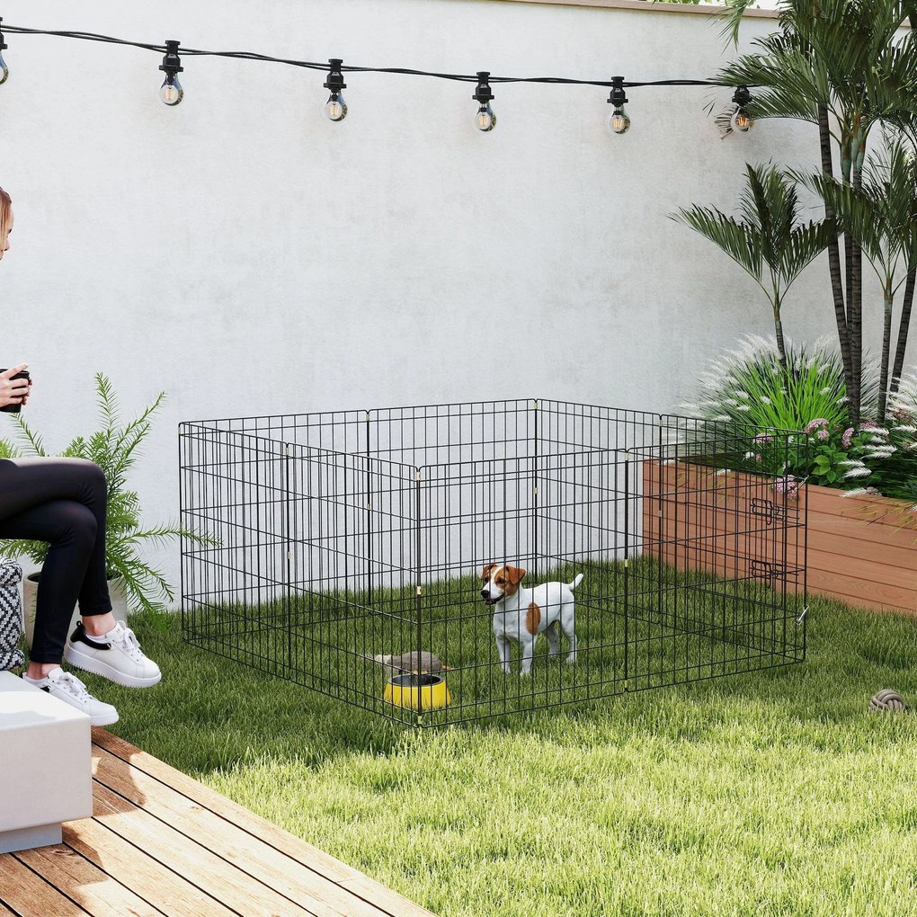 PawHut Kutyajátszótér, Beltéri Kutyakerítés, 8 Hajtható Moduláris Panel, Ajtóval, Felső és Alsó Borítással, Acél, 61 x 61 cm, Fekete | Aosom