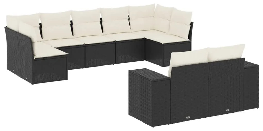 9 részes fekete polyrattan kerti ülőgarnitúra párnákkal
