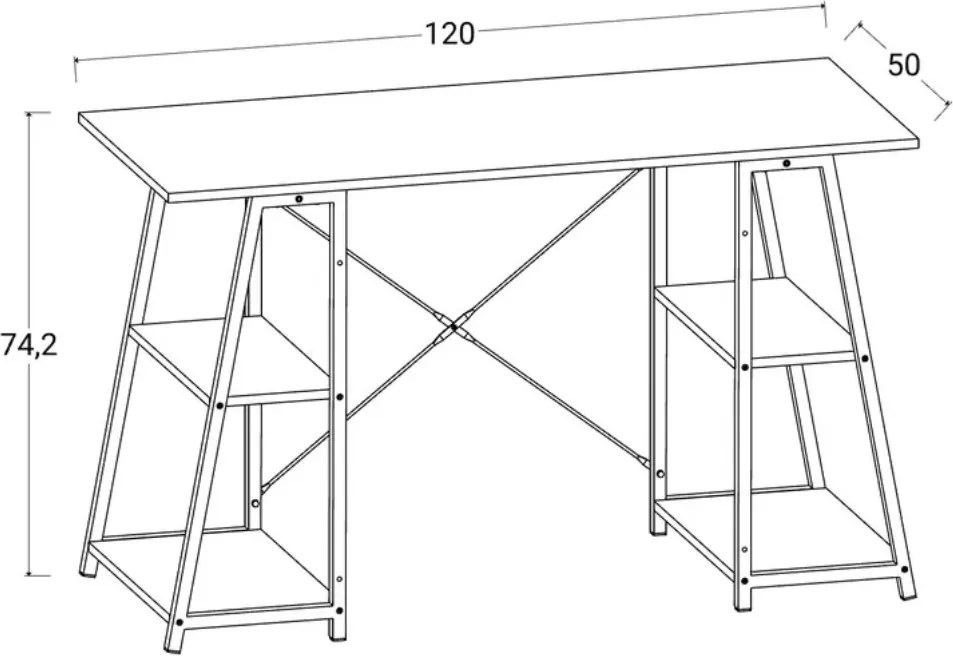 Polcos íróasztal / számítógépasztal 120×50 cm, masszív fém vázzal, fekete–aranytölgy – Intenso Home
