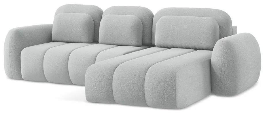 Világosszürke buklé kinyitható-tárolóhelyes sarokkanapé (jobb oldali-heverő résszel) Pele – Makamii